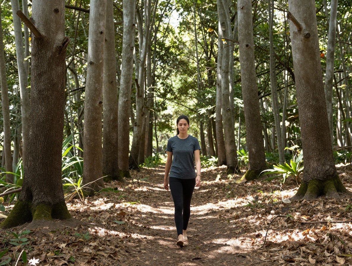 Persona caminando descalza por sendero de tierra entre árboles altos de bosque templado con luz solar filtrándose entre las ramas