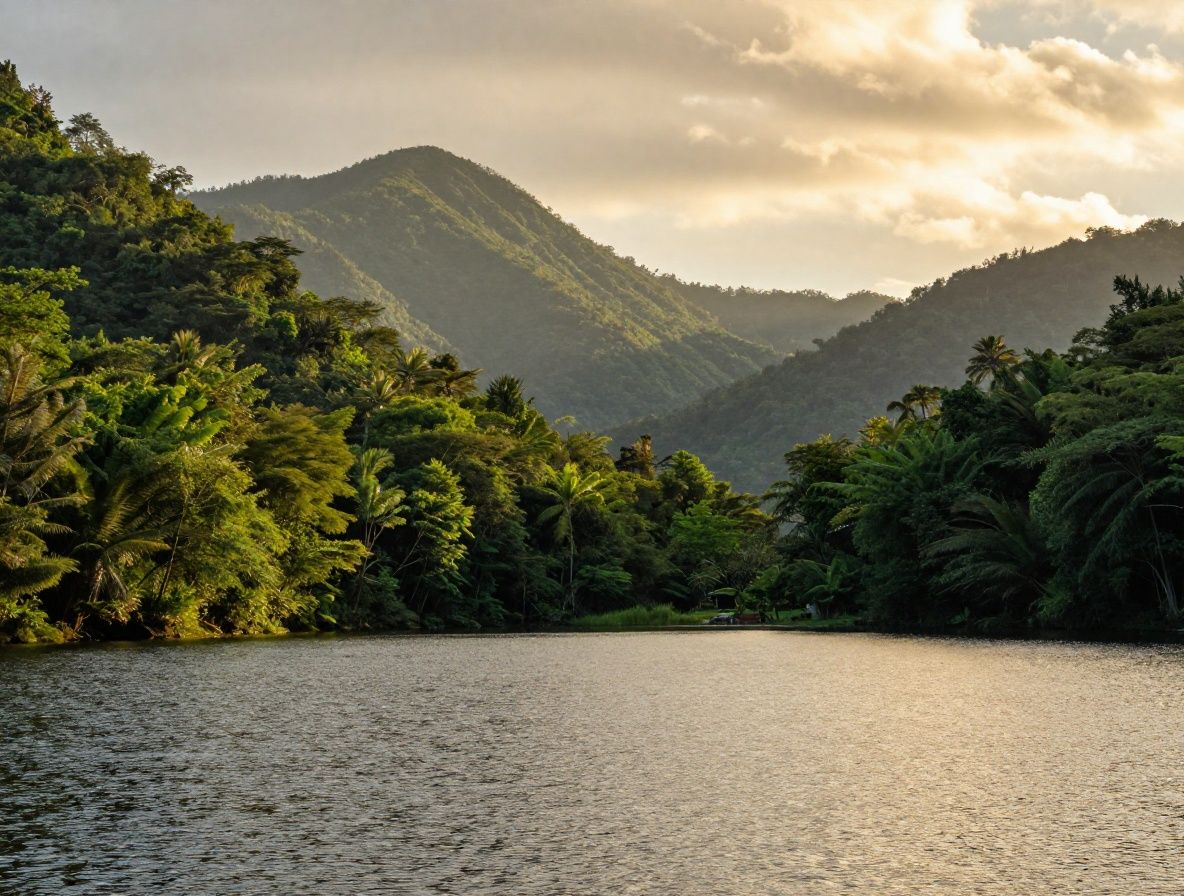 Paisaje natural sereno con lago tranquilo rodeado de bosque verde y montañas al fondo en luz dorada del amanecer