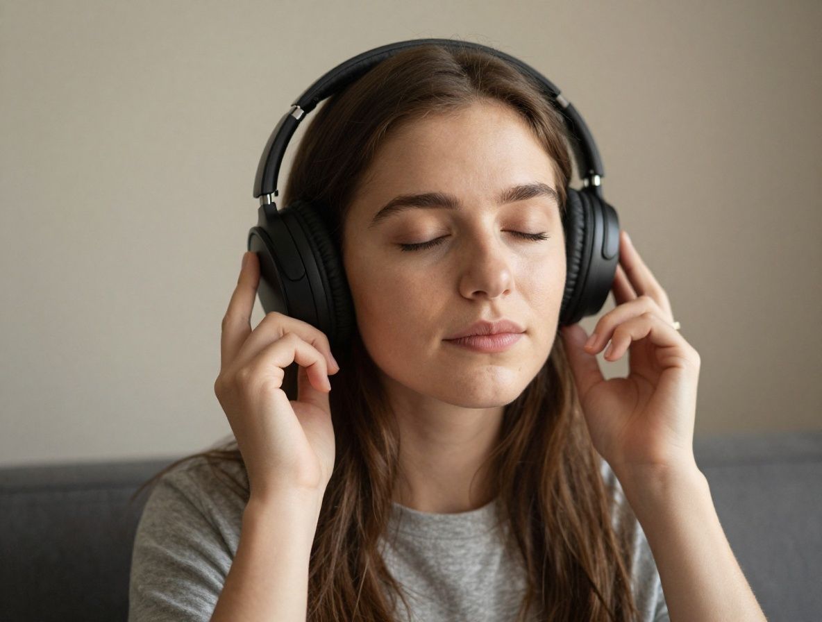 Persona joven con ojos cerrados escuchando música suave en auriculares en un entorno natural tranquilo con luz cálida